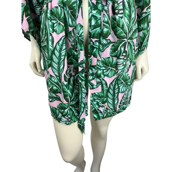 Kenny Flowers Beverly Hills Kimono Coverup Size S Leaf Print Green Pink Tie Swim - Picture 7 of 12